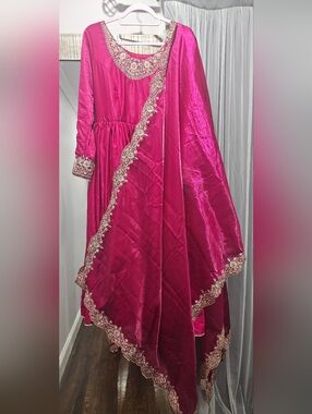 Womens Fuchsia Anarkali Dress with Embroidered Dupatta And Pants